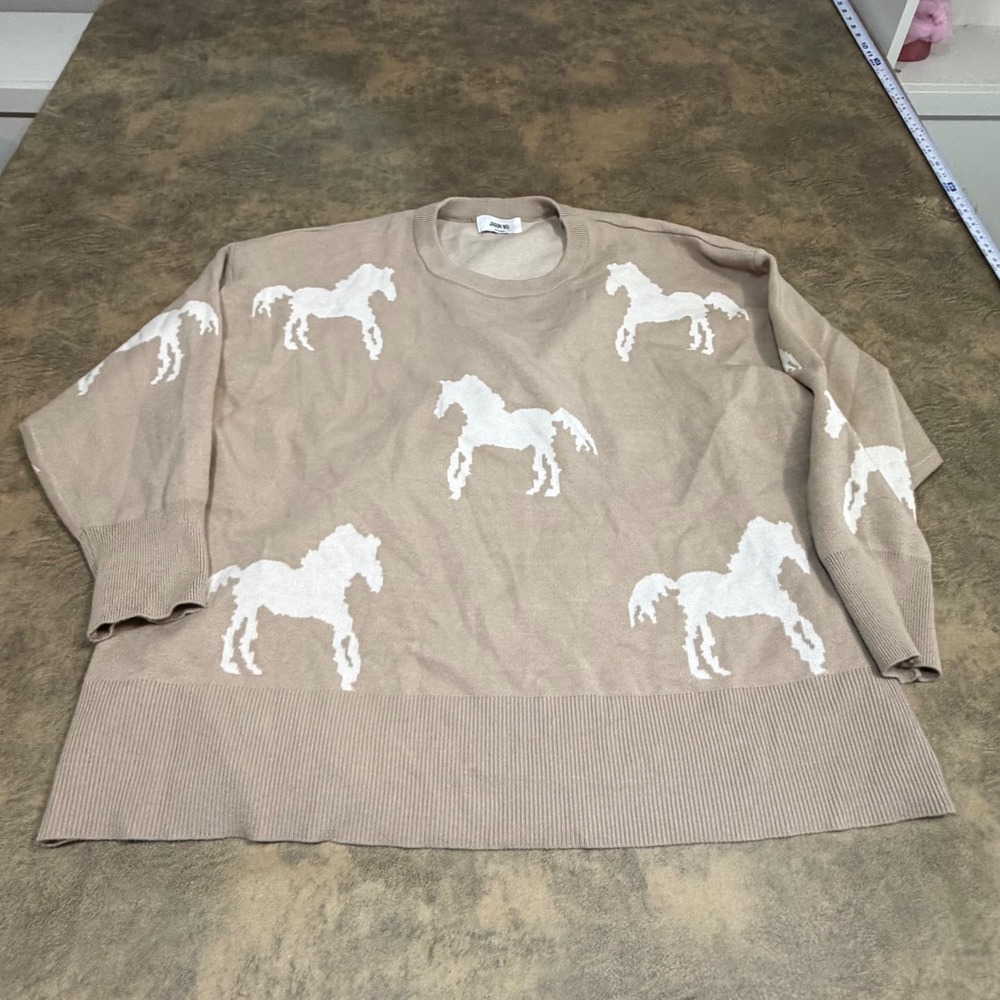 Jason Wu Sweater Womens 2X Tan Horse Intarsia Knit Crewneck Oversized LS